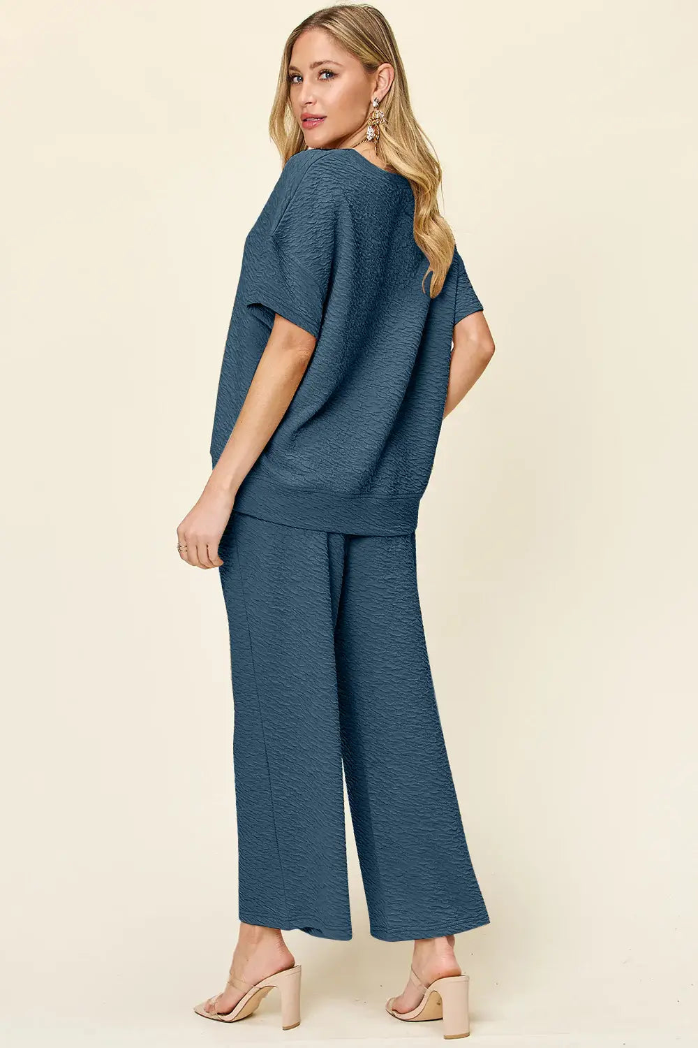 Double Take Full Size Texture Short Sleeve Top and Pants Set - Trendsi - Flyclothing LLC