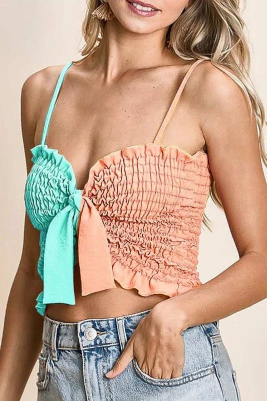 BiBi Woven Color Block Smocked with Ribbon Bra Top - Trendsi - Flyclothing LLC