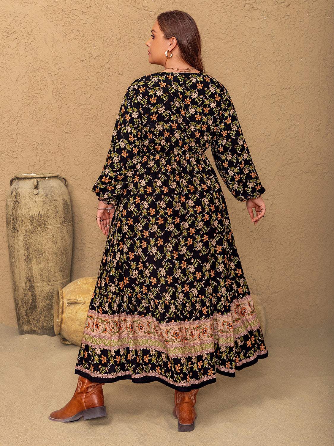 Plus Size Floral V-Neck Balloon Sleeve Dress - Trendsi - Flyclothing LLC