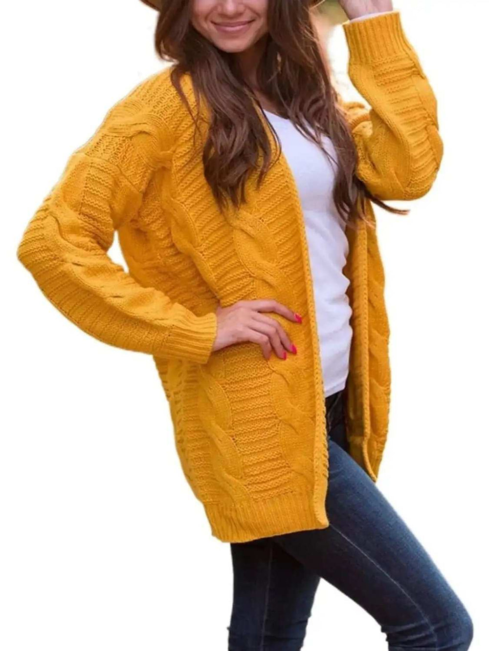 Cable-Knit Open Front Long Sleeve Cardigan - Trendsi - Flyclothing LLC