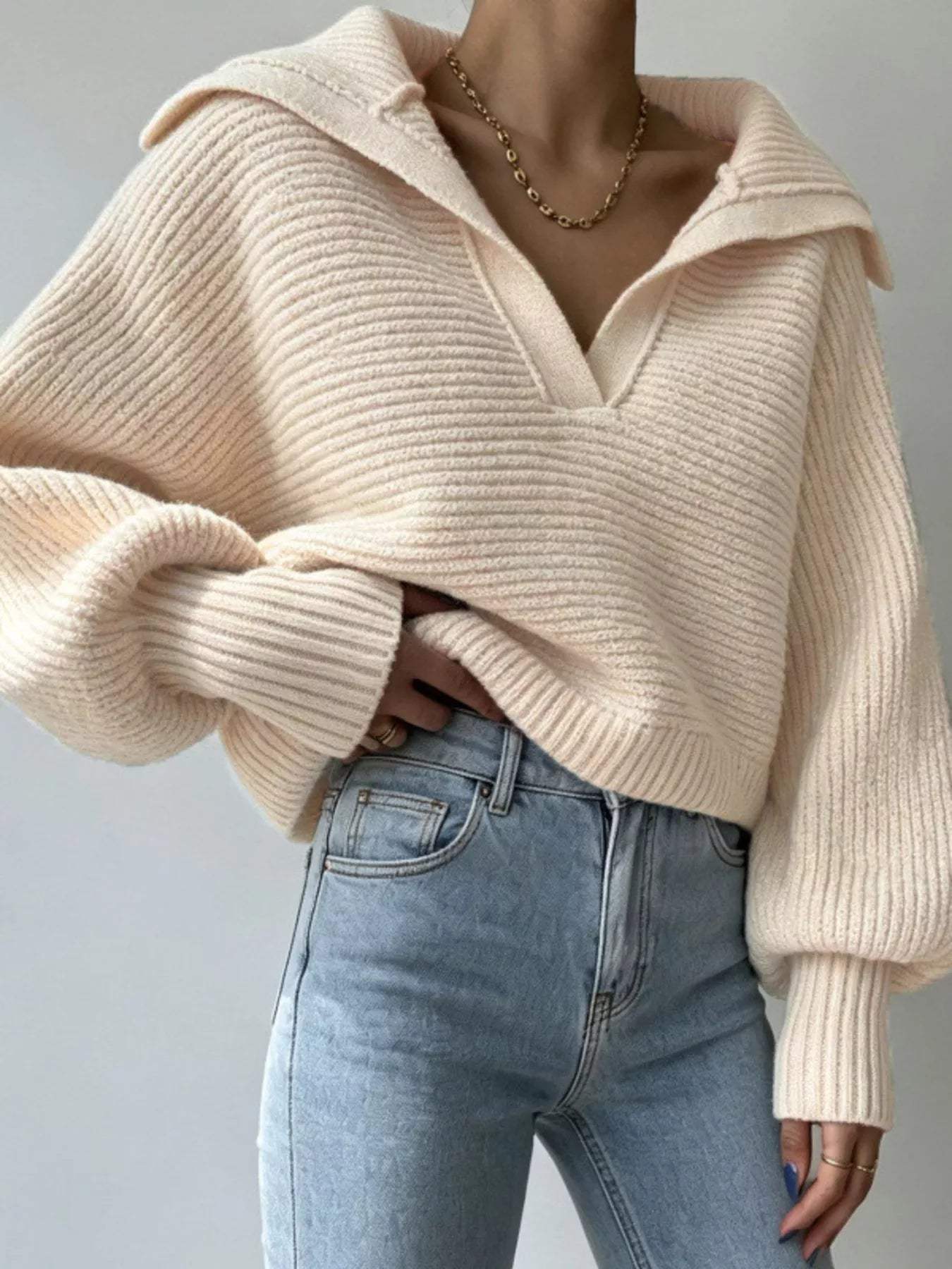 Oversized Collar Ribbed Cropped Sweater - Trendsi - Flyclothing LLC
