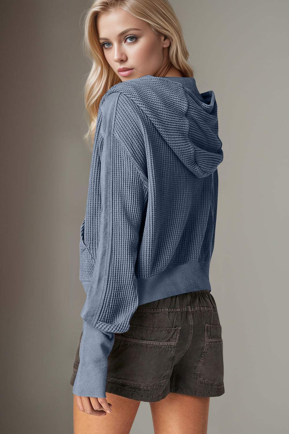 Double Take Waffle-Knit Zip Up Long Sleeve Hooded Jacket - Trendsi - Flyclothing LLC