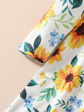 Kids Sunflower Print Round Neck Long Sleeve Dress - Trendsi