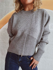 Round Neck Half Zip Long Sleeve Sweater - Trendsi