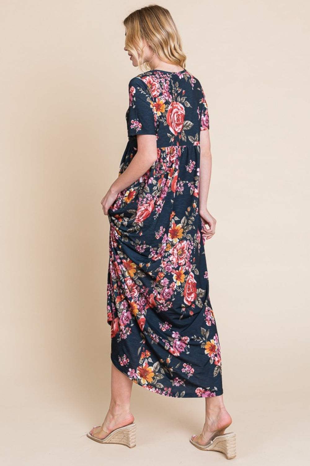 BOMBOM Floral Short Sleeve Maxi Dress - Trendsi - Flyclothing LLC