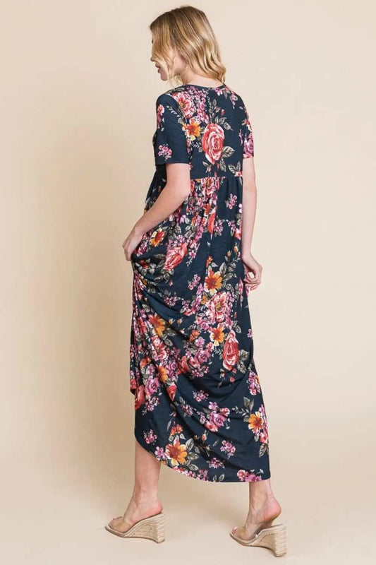 BOMBOM Floral Short Sleeve Maxi Dress - Trendsi - Flyclothing LLC