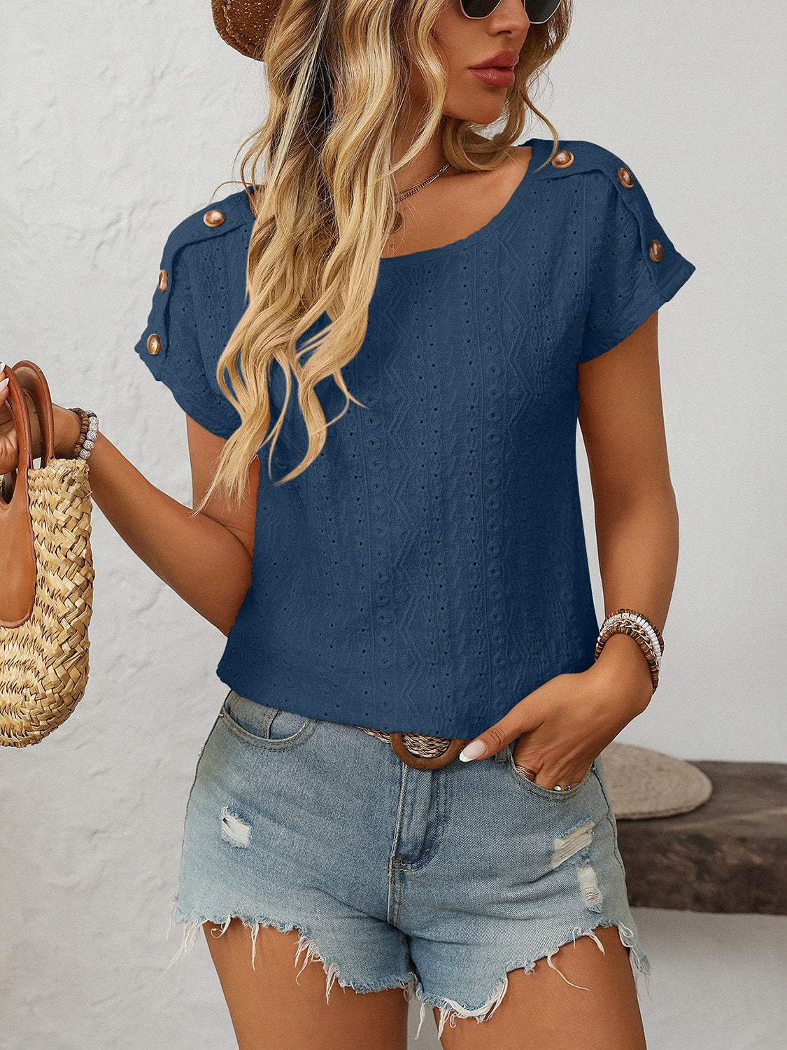 Mandy Eyelet Round Neck Short Sleeve Top - Trendsi - Flyclothing LLC