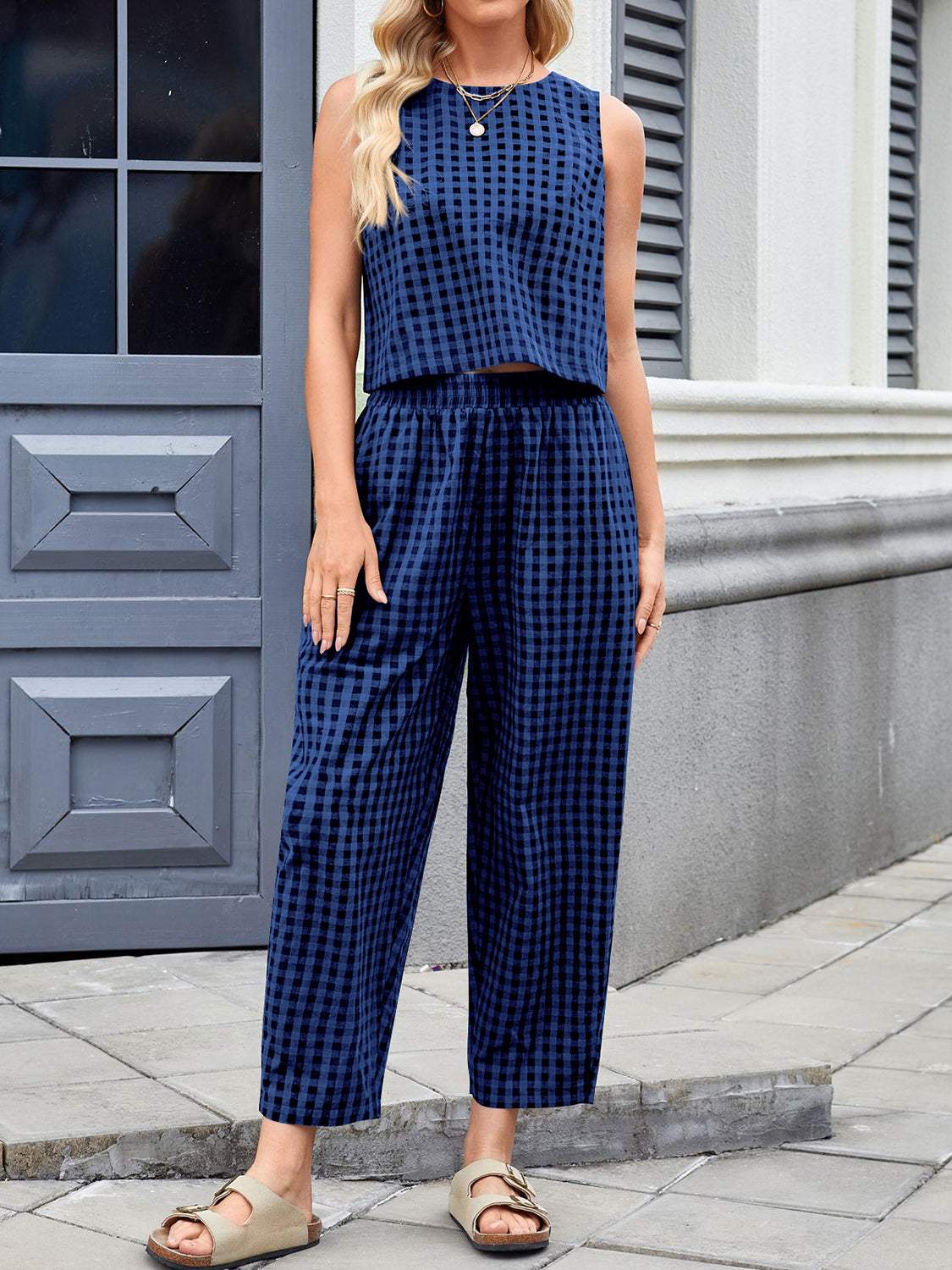 Lovelet Plaid Round Neck Sleeveless Top and Pants Set - Trendsi - Flyclothing LLC