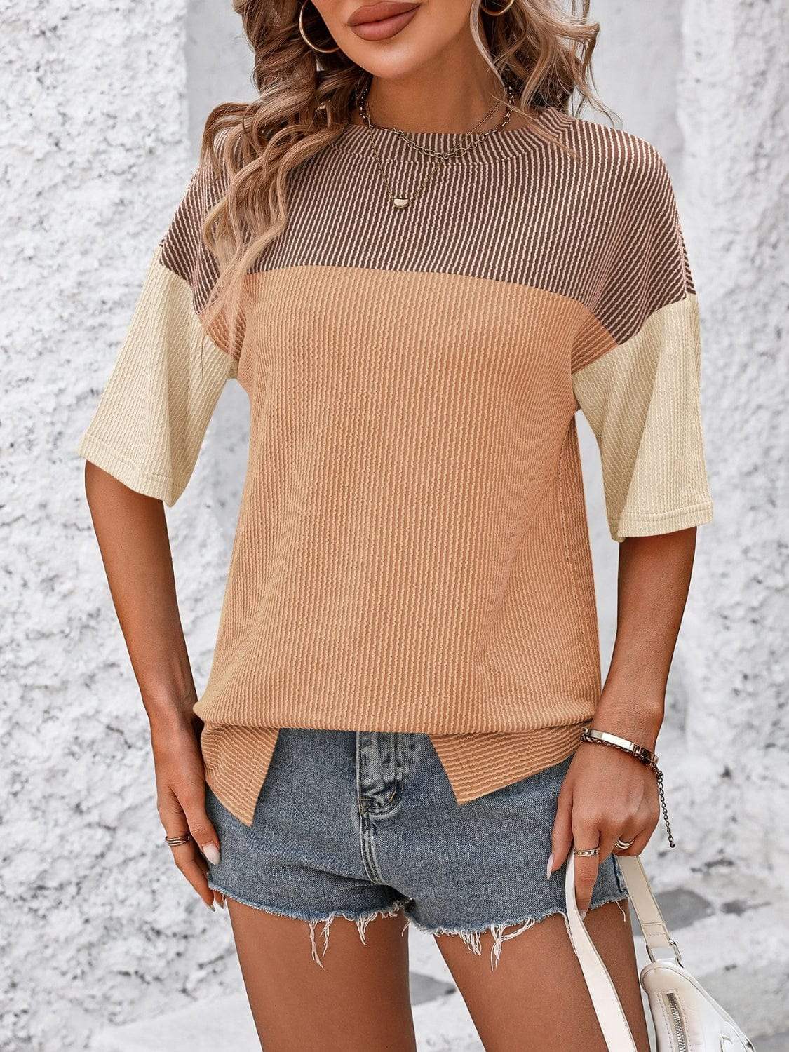 Color Block Round Neck Half Sleeve T-Shirt - Trendsi - Flyclothing LLC