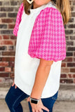 Round Neck Contrast Tweed Puff Sleeve Top - Trendsi - Flyclothing LLC