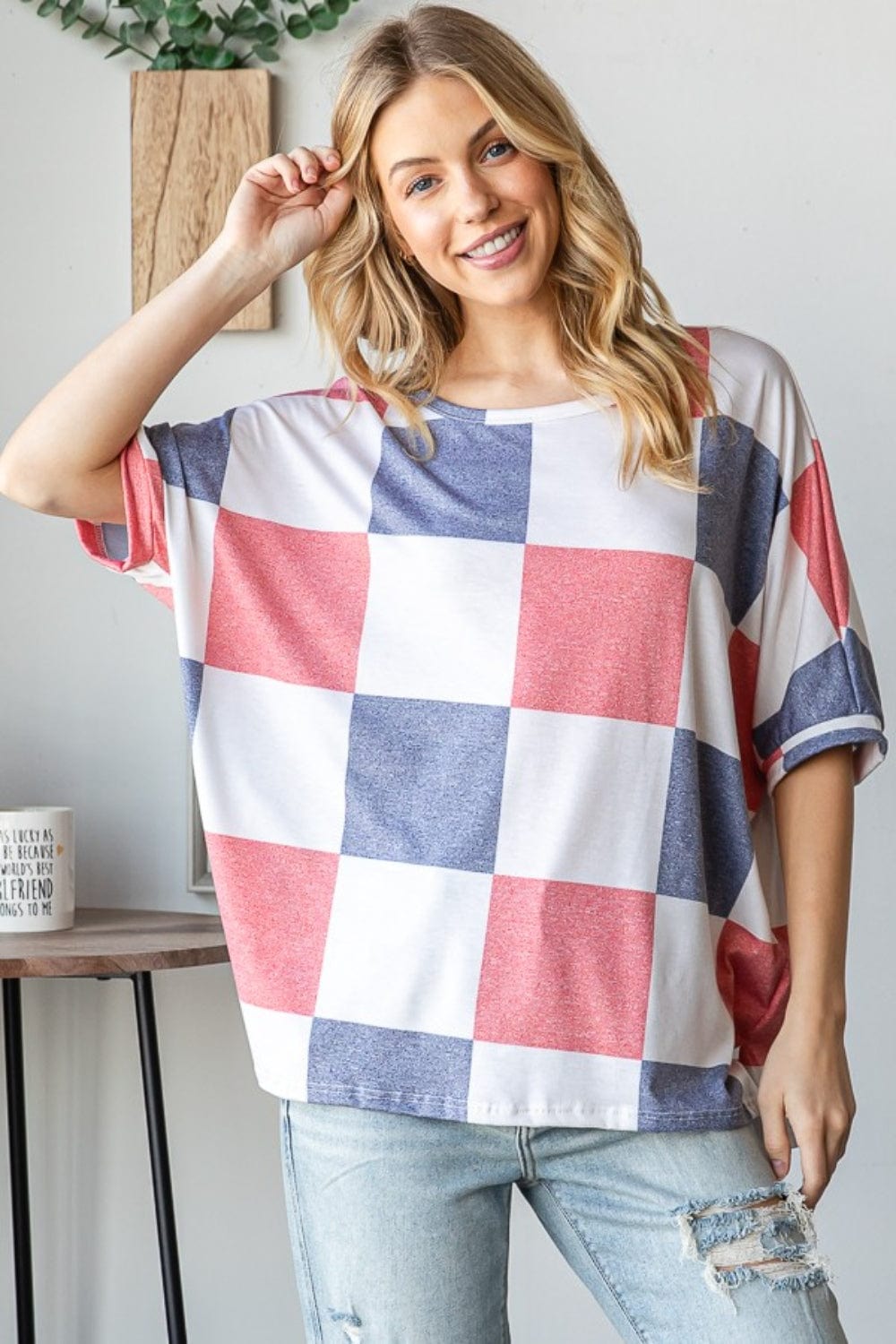 HOPELY Checkered Round Neck Half Sleeve T-Shirt - Trendsi