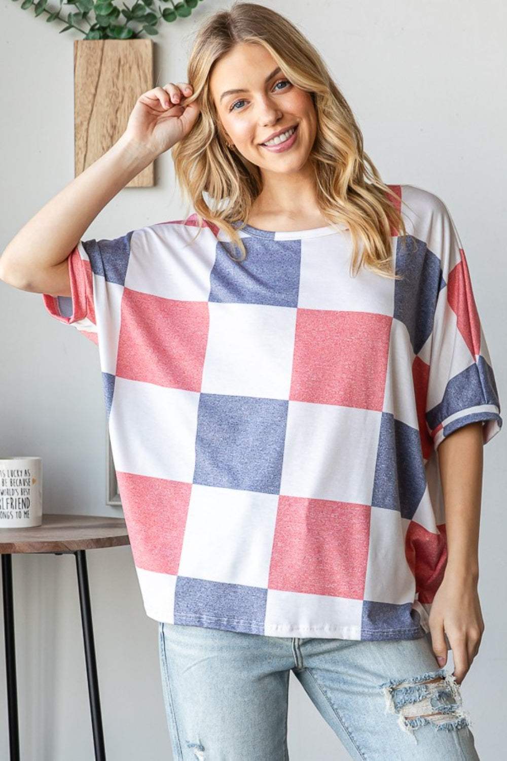 HOPELY Checkered Round Neck Half Sleeve T-Shirt - Trendsi - Flyclothing LLC