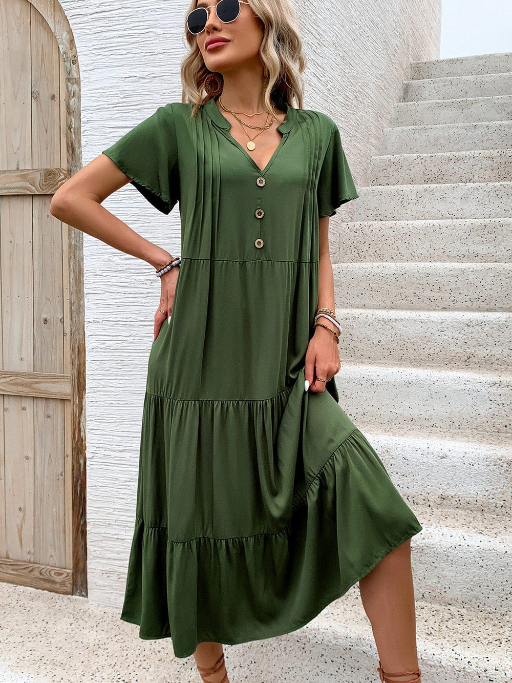 Tiered Notched Short Sleeve Midi Dress - Trendsi