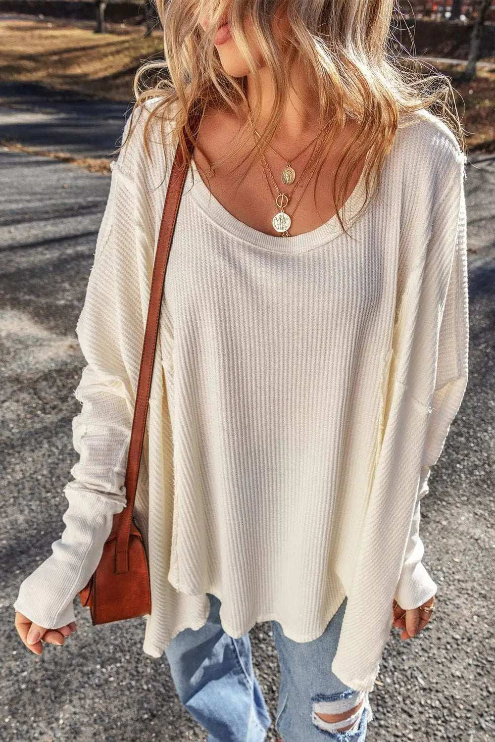 Exposed Seam Round Neck Long Sleeve Blouse - Trendsi - Flyclothing LLC