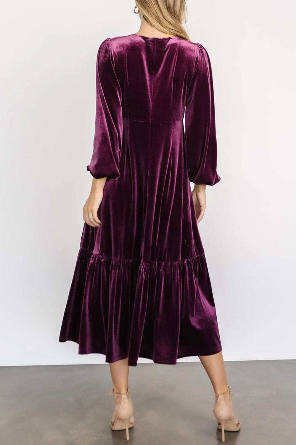 V-Neck Long Sleeve Midi Velvet Dress - Trendsi - Flyclothing LLC