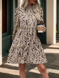 Frill Printed Mock Neck Long Sleeve Mini Dress - Trendsi