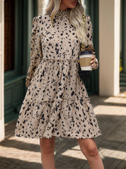Frill Printed Mock Neck Long Sleeve Mini Dress - Trendsi