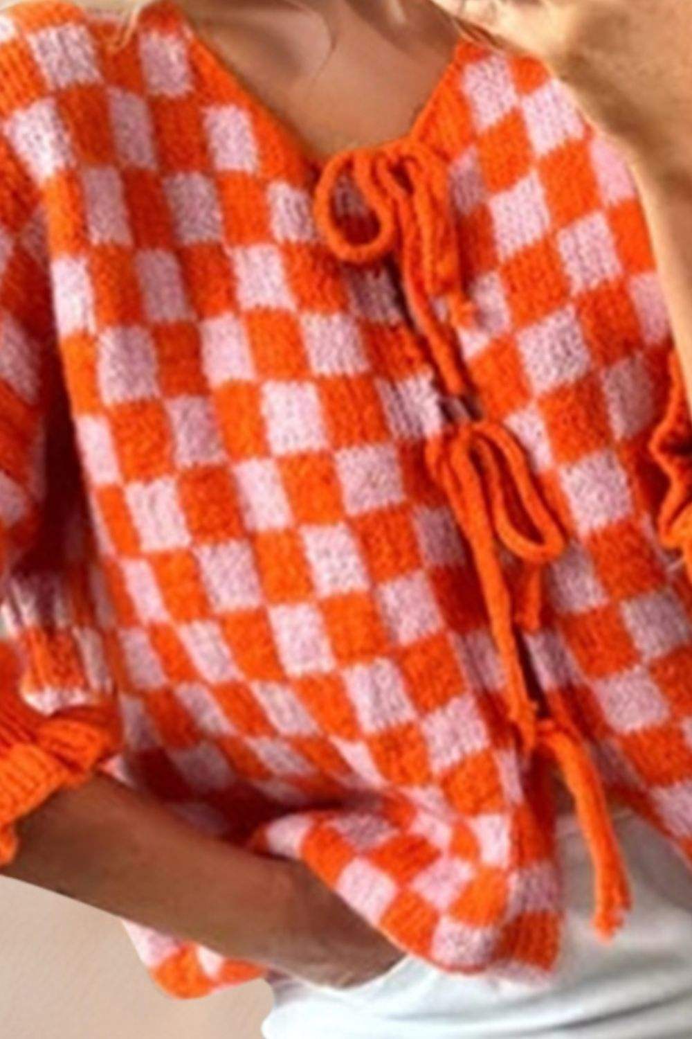 Double Take Tied Checkered Dropped Shoulder Flounce Sleeve Cardigan - Trendsi - Flyclothing LLC