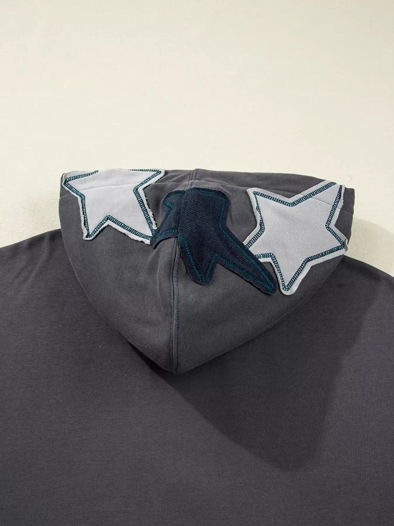 Star Patchwork Contrast Stitching Mineral Wash Kangaroo Pocket Hoodie - Trendsi - Flyclothing LLC