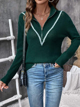 Perfee Contrast Half Zip Long Sleeve Sweater - Trendsi - Flyclothing LLC