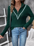 Perfee Contrast Half Zip Long Sleeve Sweater - Trendsi