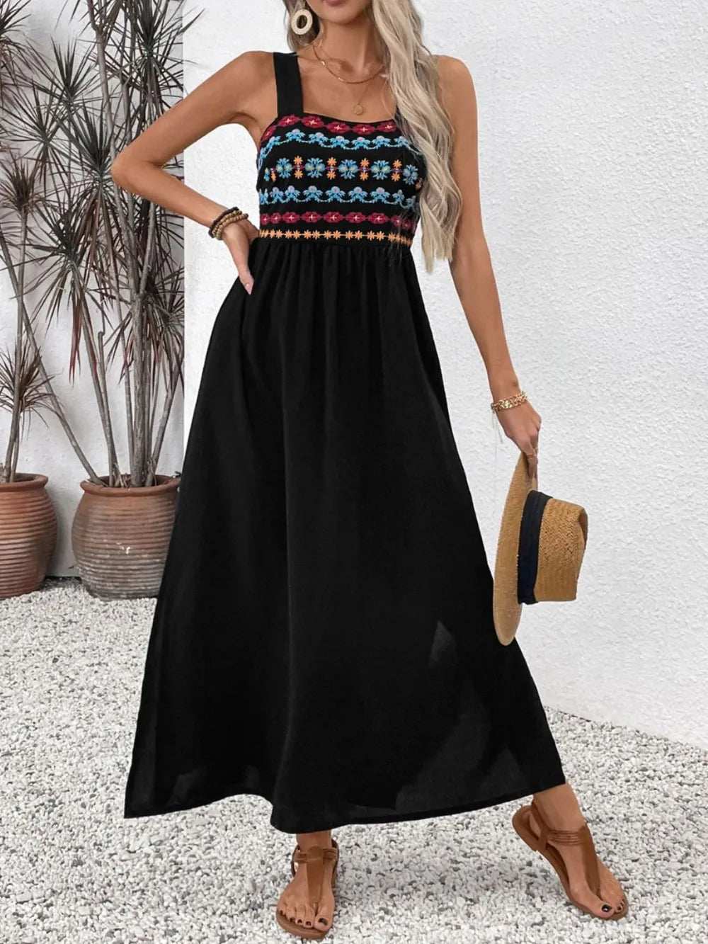 Perfee Embroidered Floral Side Slit Sleeveless Midi Dress - Trendsi - Flyclothing LLC