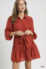 Umgee Crinkle Button-Front Tiered Mini Dress with Waist Tie - Trendsi - Flyclothing LLC