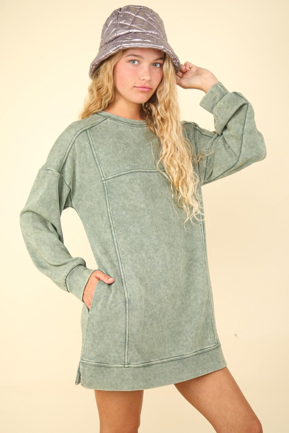 VERY J Mineral Washed Oversized Sweatshirt Mini Dress - Trendsi