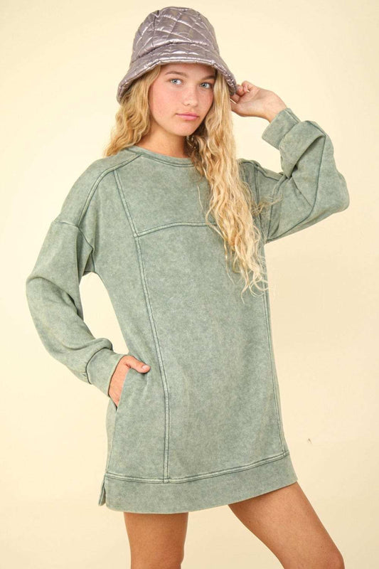 VERY J Mineral Washed Oversized Sweatshirt Mini Dress - Trendsi - Flyclothing LLC