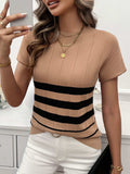 Striped Round Neck Short Sleeve Knit Top - Trendsi - Flyclothing LLC
