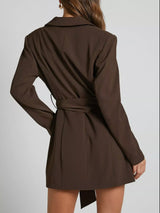 Lapel Collar Tie Waist Blazer - Trendsi - Flyclothing LLC