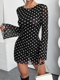 Backless Polka dot Long Sleeve Mini Mesh Dress - Trendsi