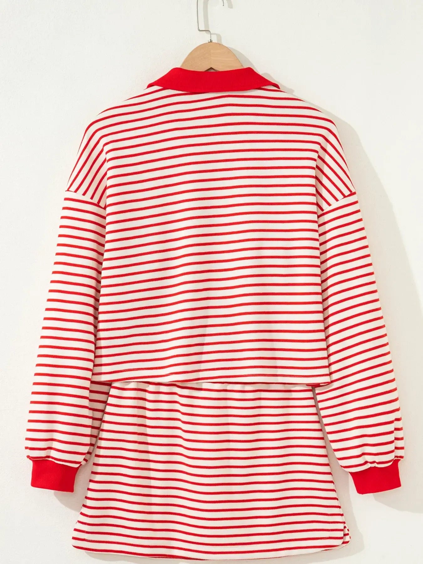 Stripe Collared V Neck Drop Shoulder Pullover and Skort 2pcs Outfit - Trendsi - Flyclothing LLC
