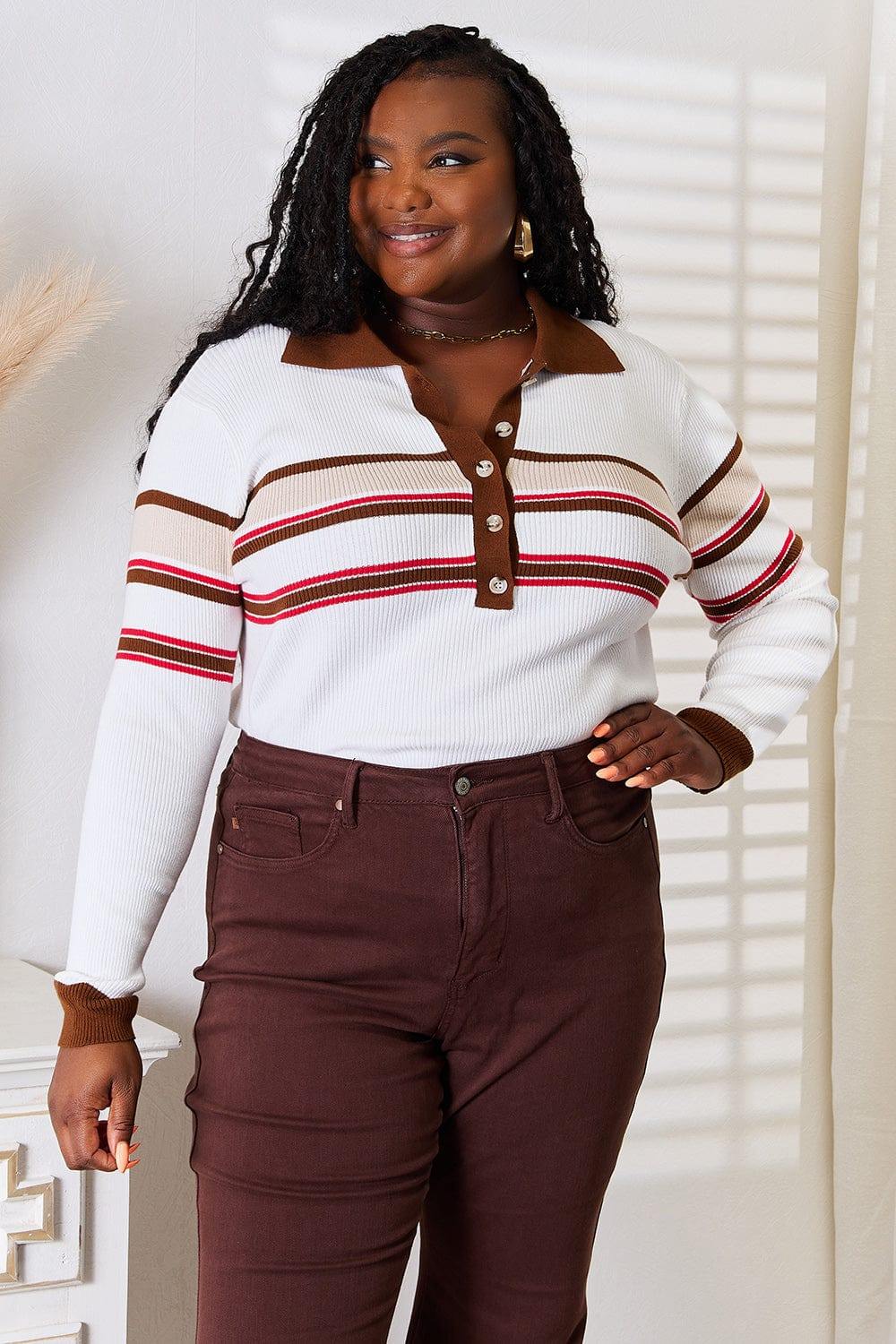 Basic Bae Striped Collared Neck Rib-Knit Top - Trendsi