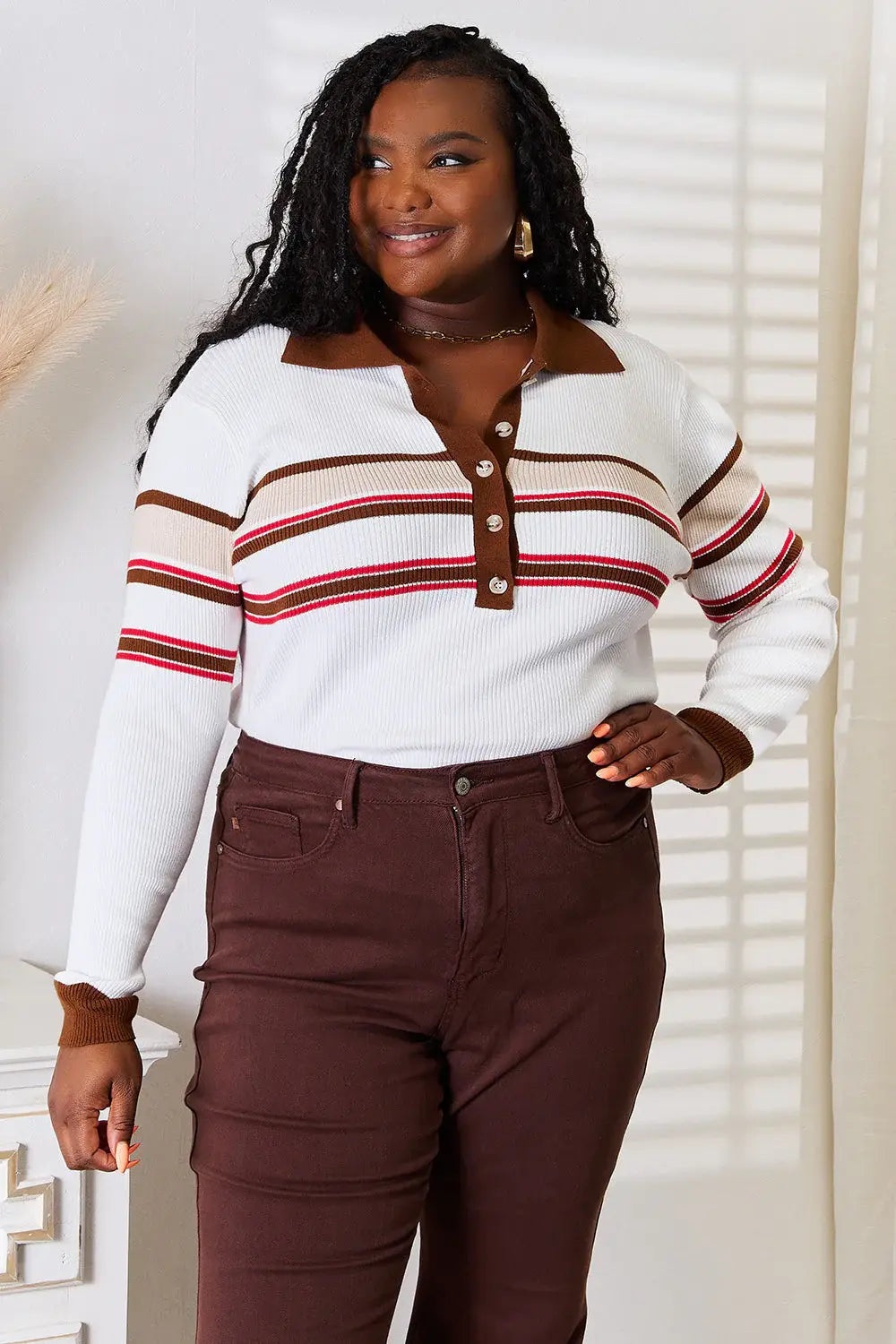 Basic Bae Striped Collared Neck Rib-Knit Top - ShopBasicbae - Flyclothing LLC