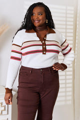Basic Bae Striped Collared Neck Rib-Knit Top - Trendsi