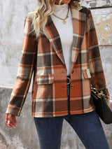 Perfee Plaid Button Down Lapel Collar Blazer - Trendsi - Flyclothing LLC