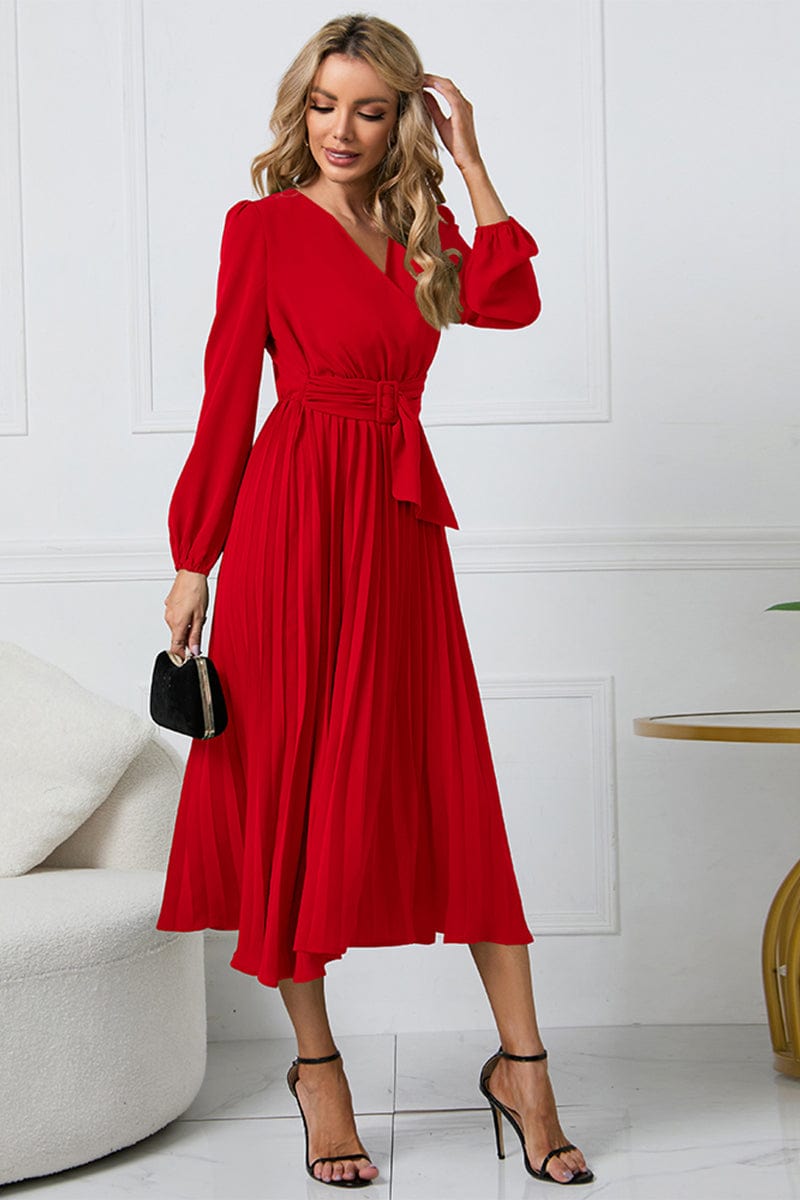 V-Neck Long Sleeve Tie Waist Midi Dress - Trendsi