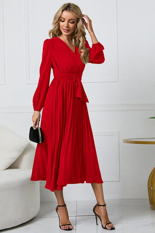 V-Neck Long Sleeve Tie Waist Midi Dress - Trendsi
