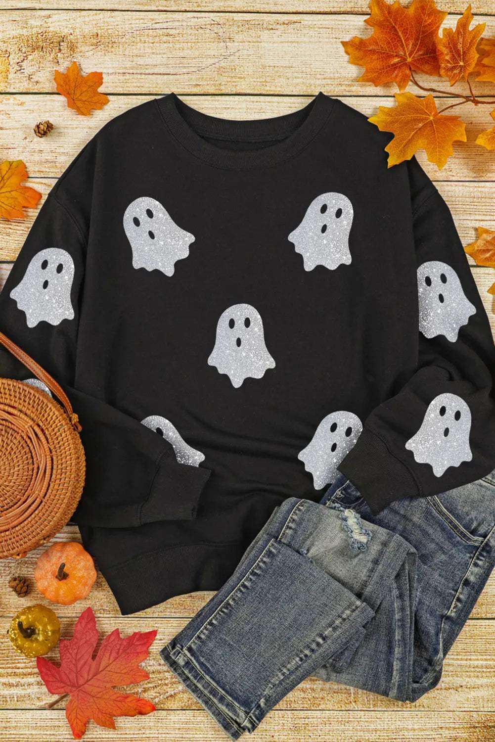 Glitter Round Neck Long Sleeve Sweatshirt - Trendsi - Flyclothing LLC