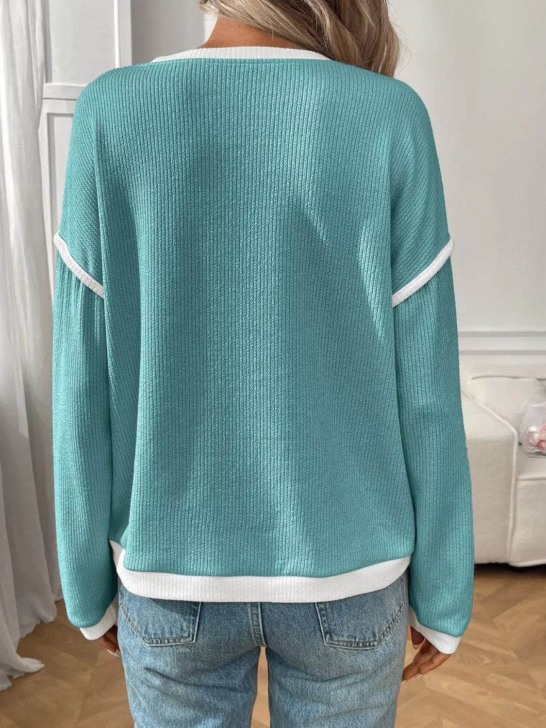 Ribbed Knit Contrast Trim Sweater - Trendsi - Flyclothing LLC