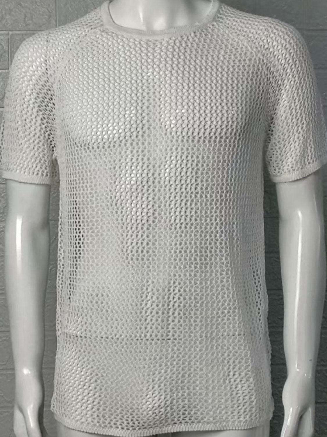 Men's Openwork Round Neck Short Sleeve T-Shirt - Trendsi - Flyclothing LLC