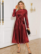 Tie Waist Long Sleeve Midi Dress - Trendsi - Flyclothing LLC