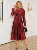 Tie Waist Long Sleeve Midi Dress - Trendsi - Flyclothing LLC