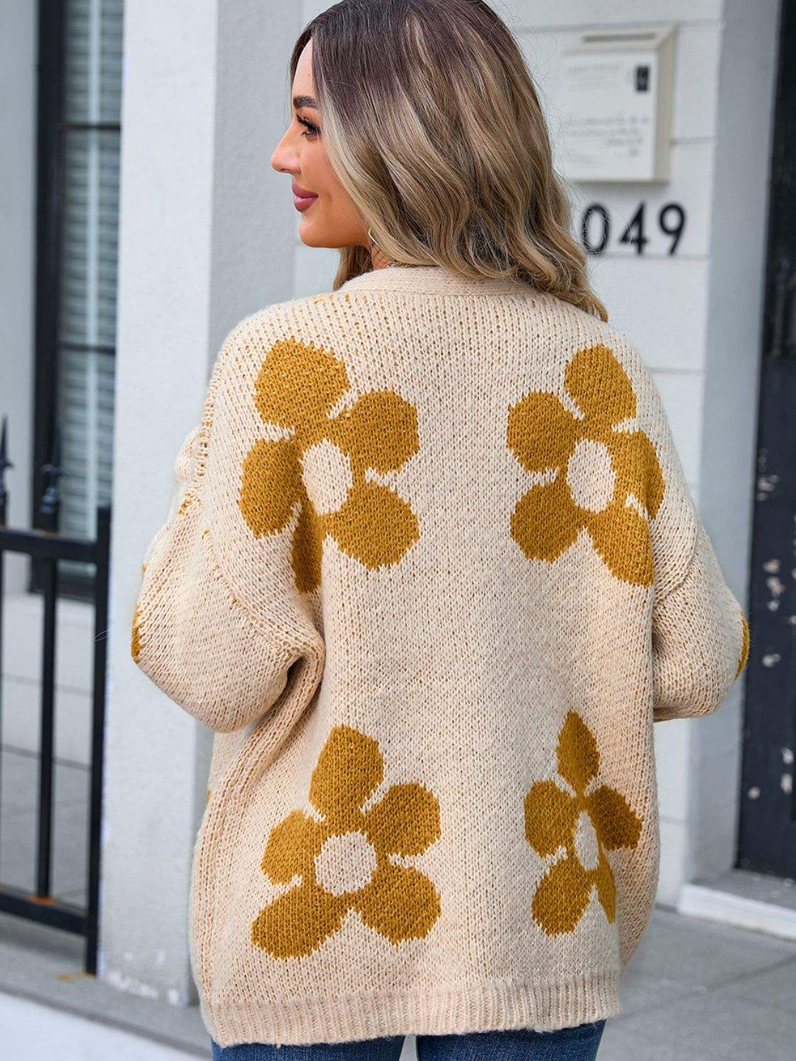 Flower Open Front Long Sleeve Cardigan - Trendsi - Flyclothing LLC