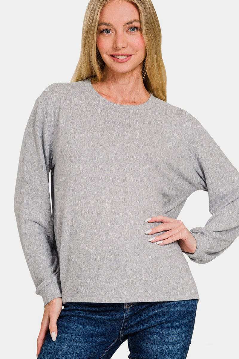 Zenana Hacci Round Neck Long Sleeve T-Shirt - Trendsi - Flyclothing LLC