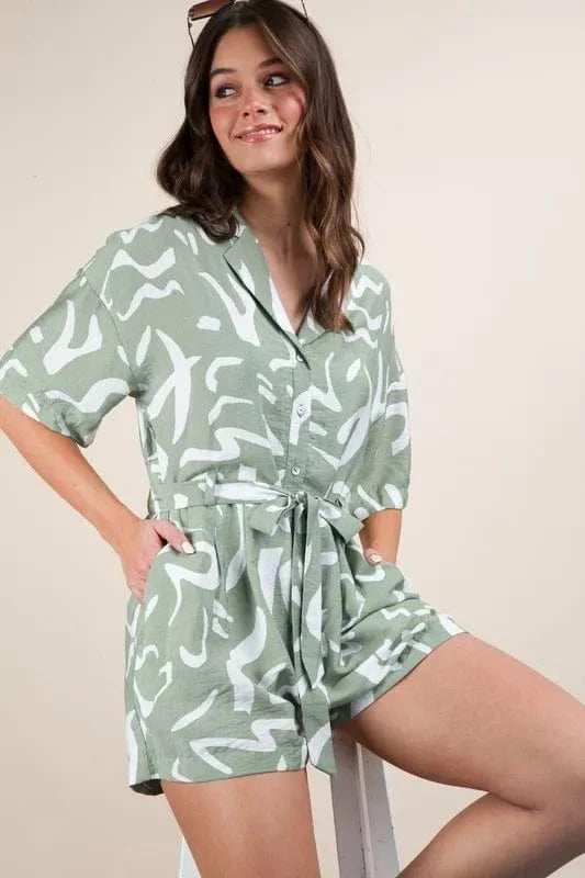VERY J Oversized Printed Button Down Resort Romper - Trendsi - Flyclothing LLC