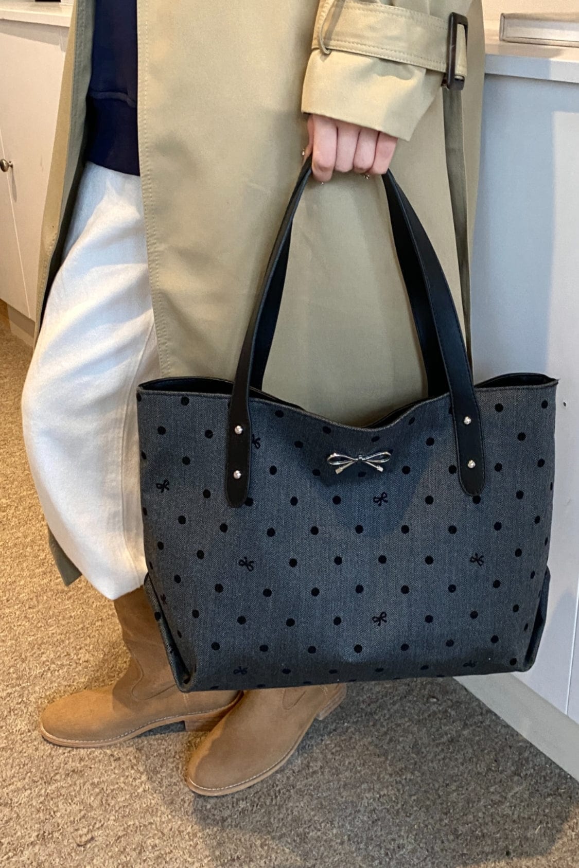 Polyester Bow Polka Dot Tote Bag - Trendsi