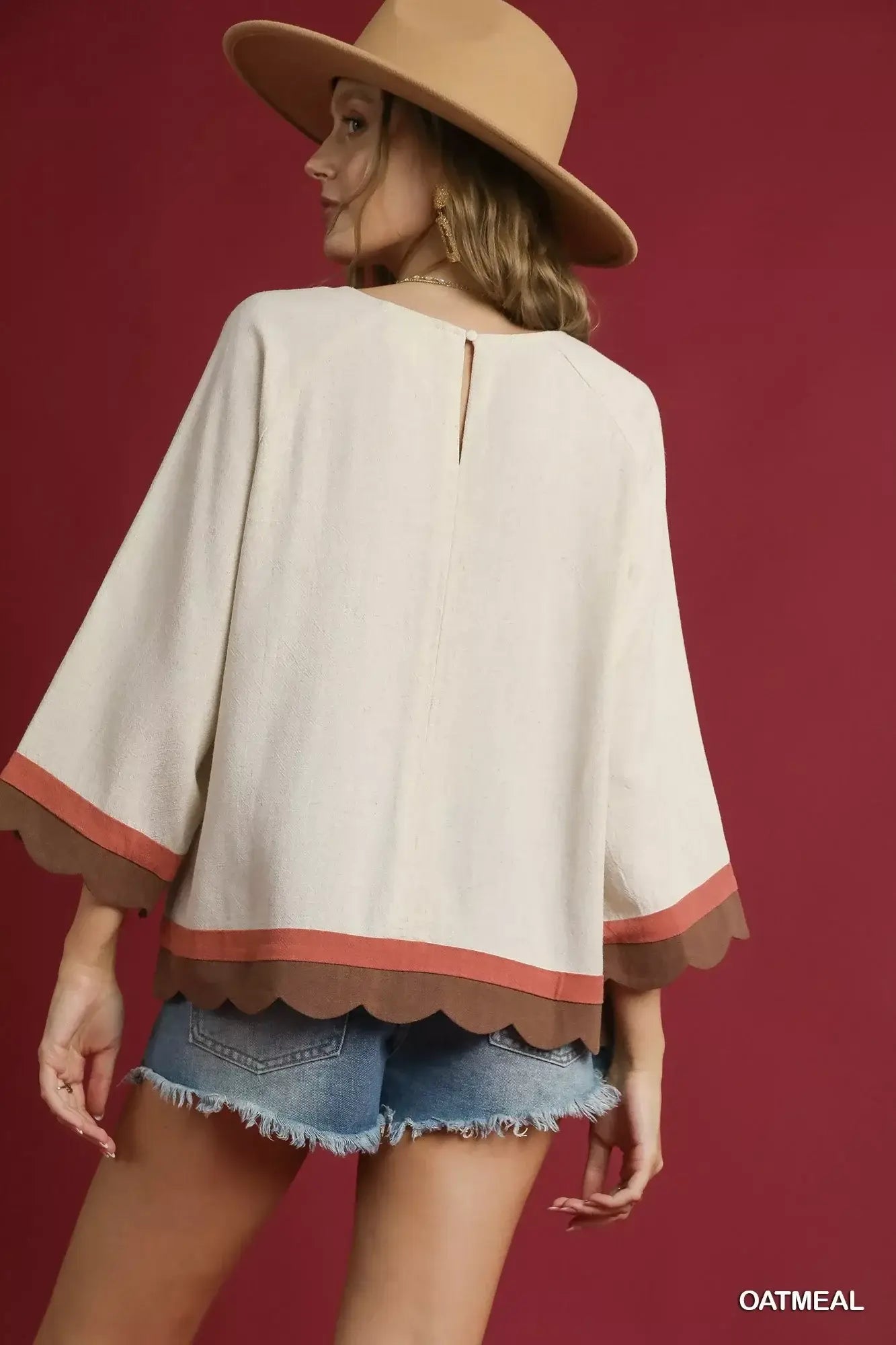 Umgee Scalloped Hem Color Block Top - Trendsi - Flyclothing LLC