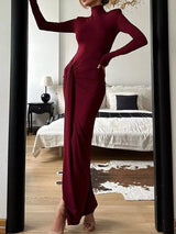 Turtleneck Long Sleeve Slit Maxi Dress - Trendsi - Flyclothing LLC